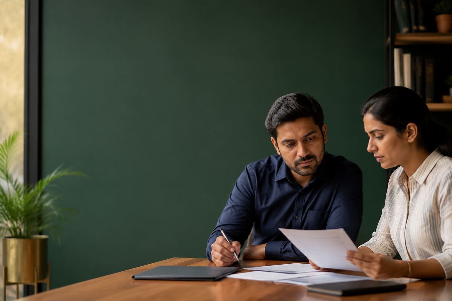 Business owner and advisor reviewing financing documents.