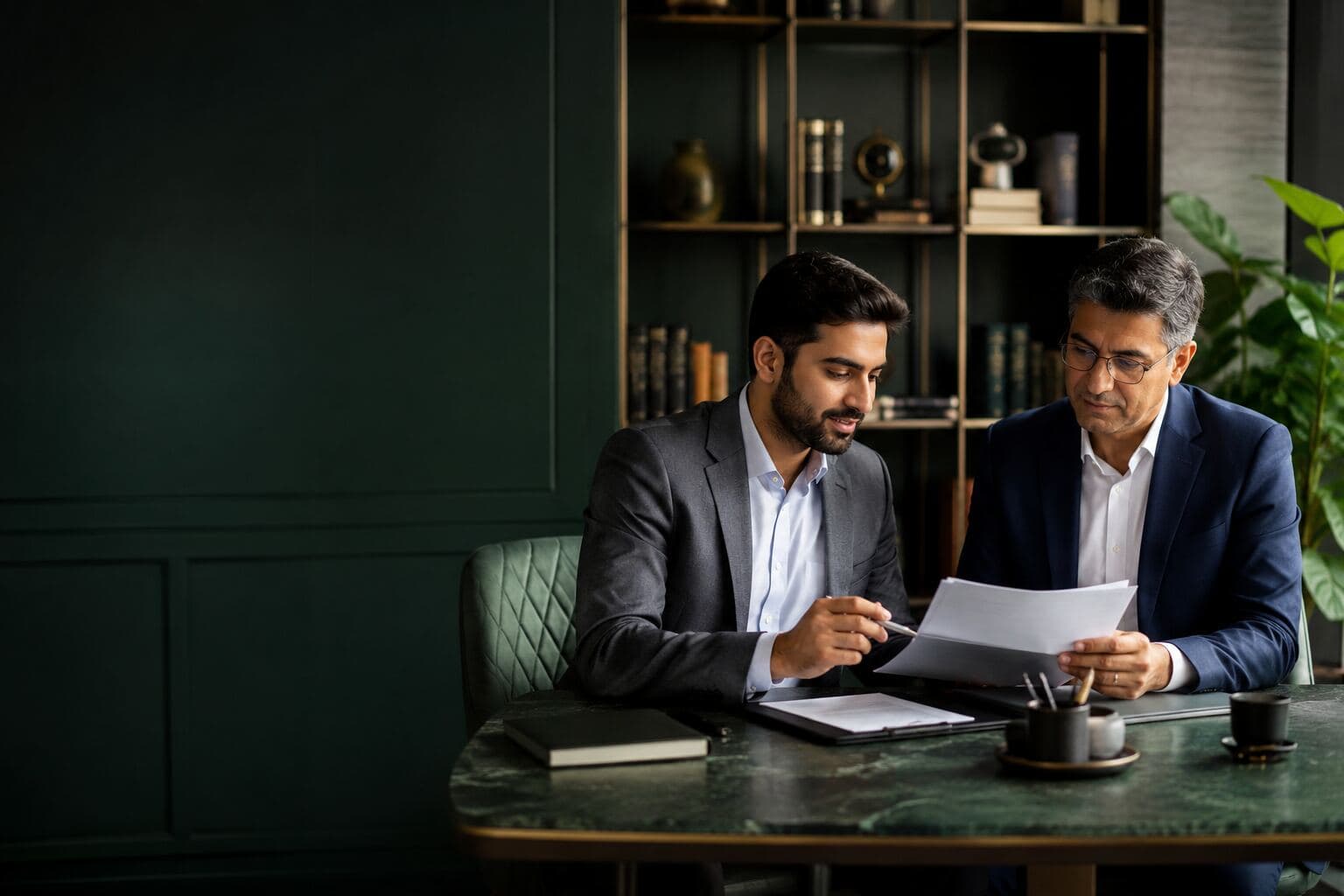 Business owner and advisor reviewing a restructuring plan.