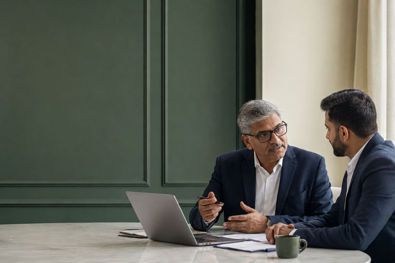 Founder and advisor comparing business financing routes.